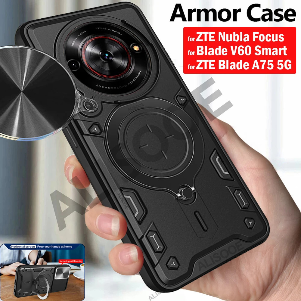 Trượt Camera Funda Cho ZTE Nubia Focus Blade A75 5G Ốp Lưng Vòng Từ Tính Đứng Bảo Vệ Dành Cho ZTE Blade V60 Smart Capa