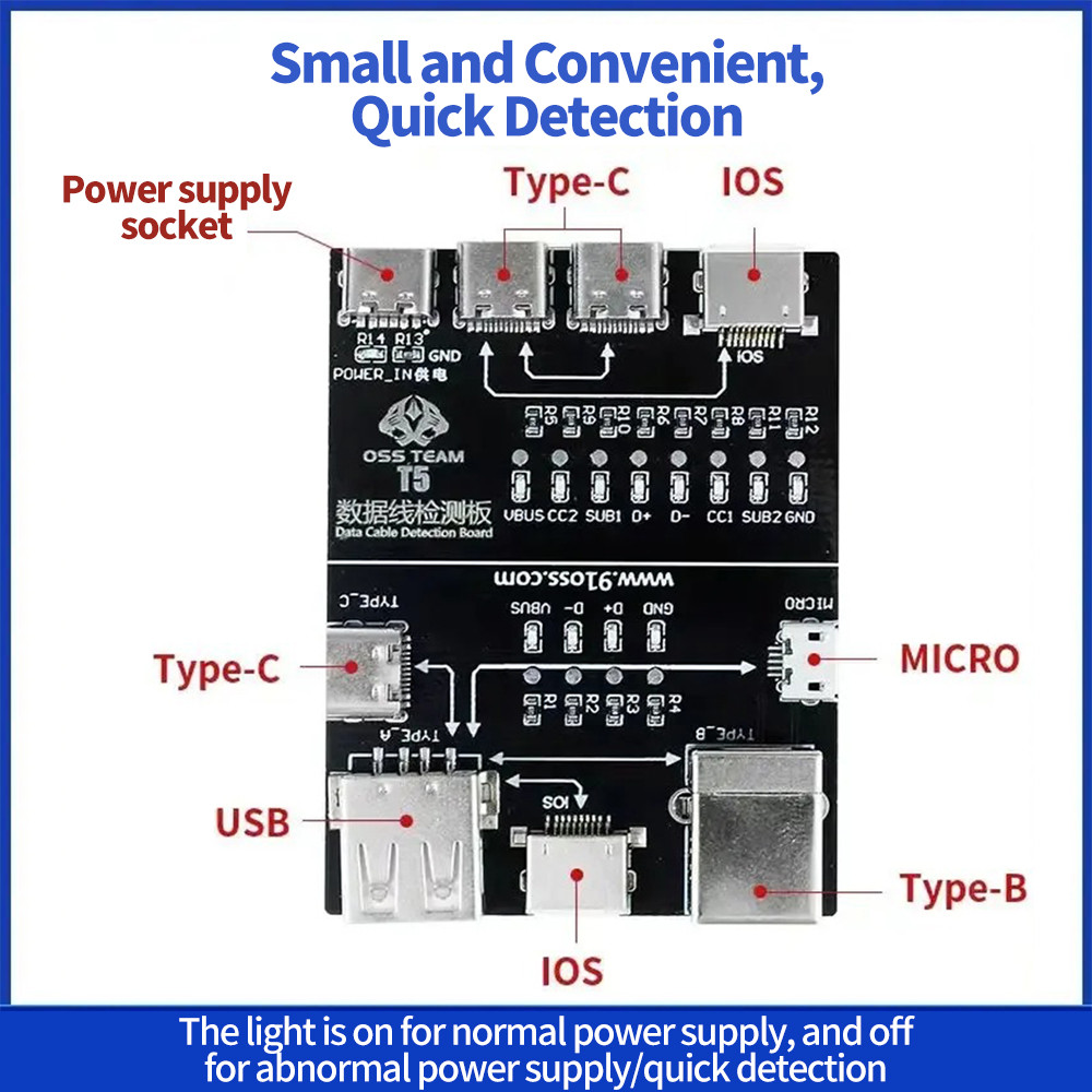 Bảng phát hiện cáp dữ liệu bật tắt OSS T5 cho IOS Android Lightning / Type-C / Micro / USB Data Line Kiểm tra bất thường Máy dò nhanh