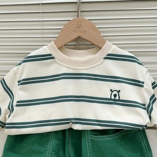Bộ đồ mùa hè mới cho bé trai màu xanh lá, áo thun ngắn tay sọc phong cách Hàn Quốc và quần short hai mảnh cho trẻ nhỏ và bé trai nhỏ