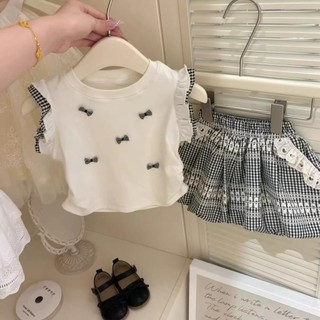 Trang phục mùa hè mới cho bé gái phong cách Hàn Quốc áo thun không tay nơ ngọt ngào áo vest quần short kẻ caro bộ hai mảnh