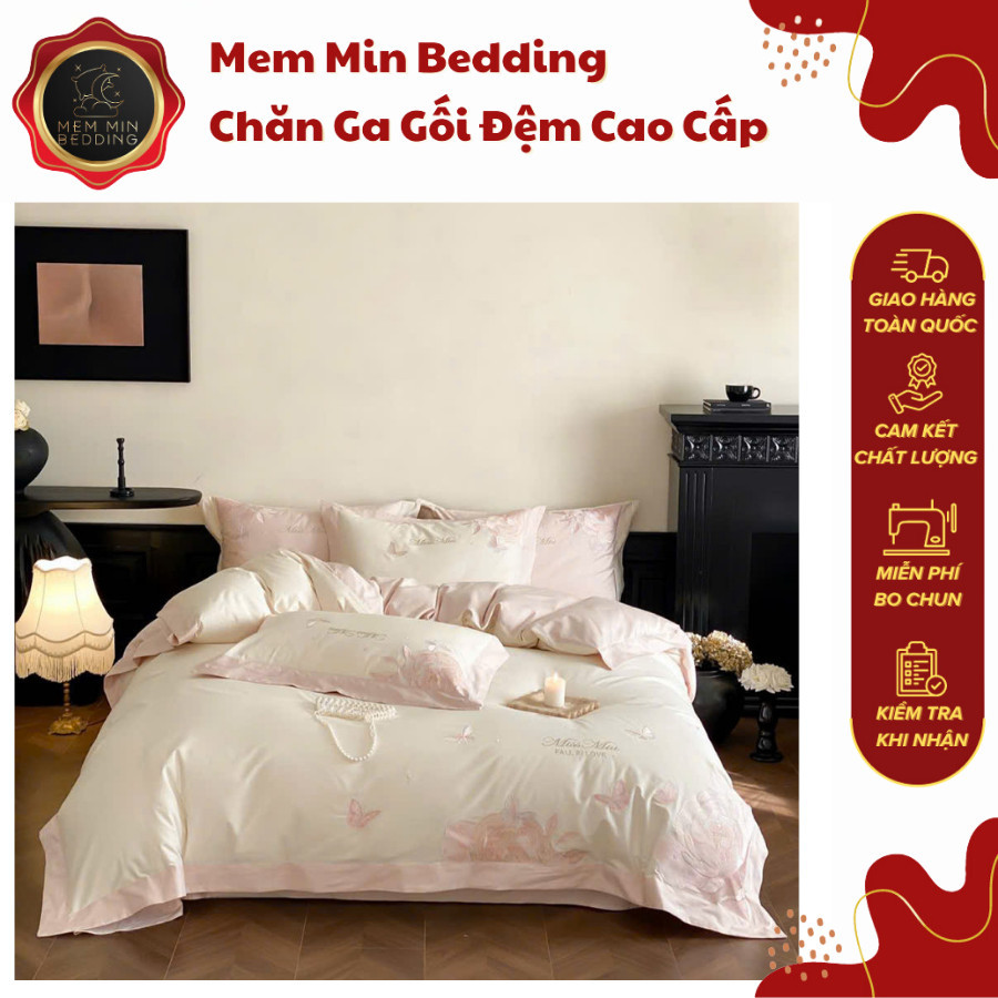 (L41530)Bộ Chăn Ga Gối Chất Liệu Cao Cấp Mềm Mại Tone Màu Dịu Dàng Thêu Họa Tiết Hoa Tinh Xảo - MemMinbedding Luxury