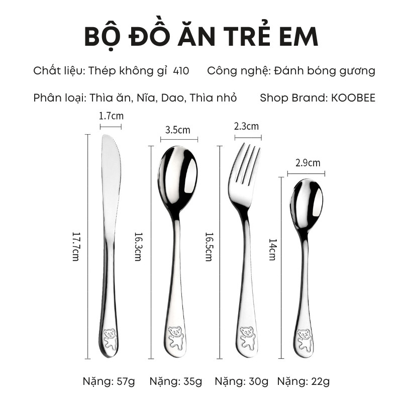 Bộ Dao Thìa Nĩa Trẻ Em Inox 410 Không Gỉ, Sáng Bóng – An Toàn Cho Bé Từ 2 Tuổi | 194