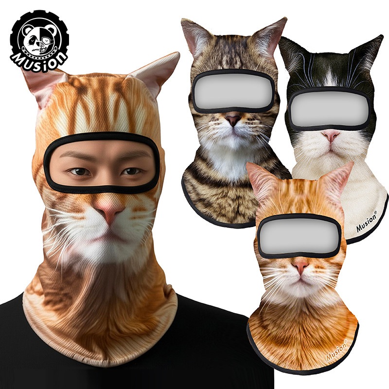 Musion Balaclava Mặt nạ có tai Mũ chống nắng bằng lụa băng Bandana Hood, Mặt nạ trùm đầu in 3D hình mèo chống tia UV UPF50+, vải lạnh băng thoáng khí thấm mồ hôi che mặt cổ, dùng đi xe máy xe đạp trượt băng săn bắn câu cá thể thao ngoài trời nam nữ unisex