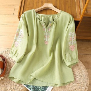 Áo sơ mi thêu cotton lanh phong cách dân tộc mùa hè cho phụ nữ, cổ tròn mỏng, tay đèn lồng, thoáng khí, tay áo 5 điểm