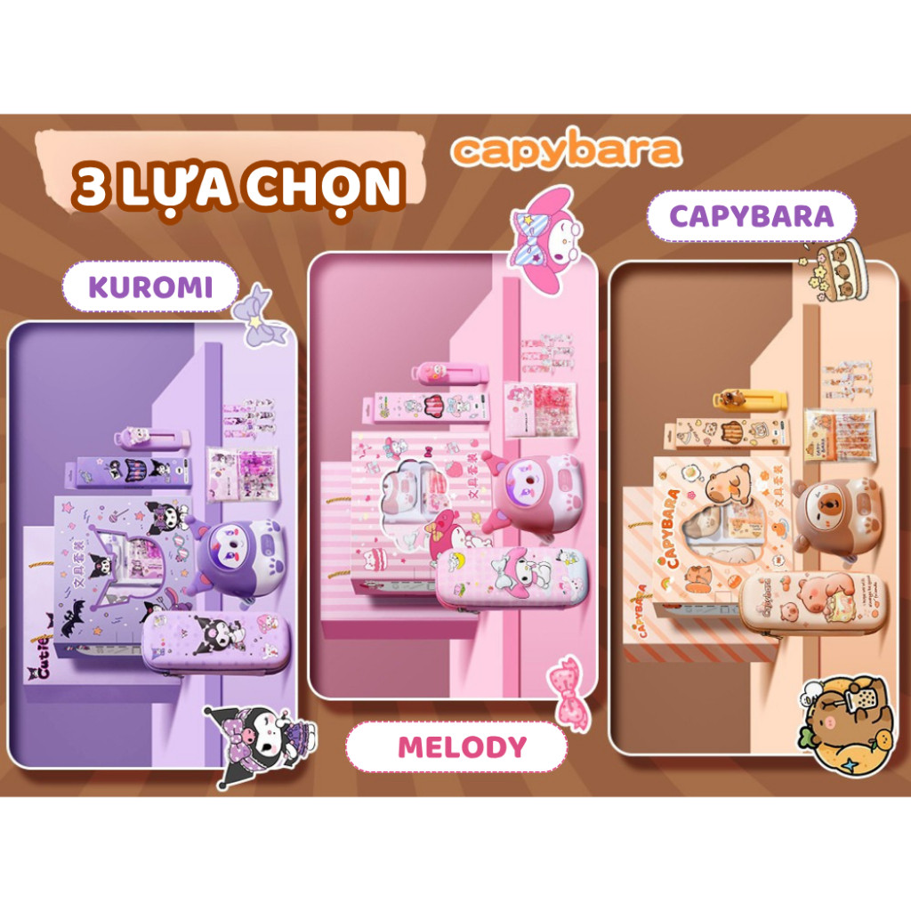 Set Quà Tặng Dụng Cụ Học Tập Capybara, Kuromi, Melody - Bộ Văn Phòng Phẩm Dễ Thương Cho Học Sinh Tiểu Học