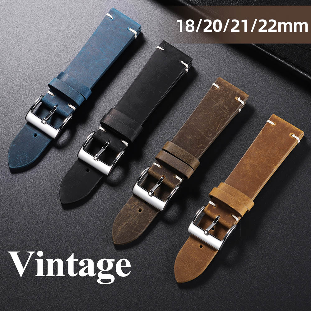 Handmade Vintage Da Thật Chính Hãng Dây Đeo Đồng Hồ 18mm 20mm 21mm 22mm Matte Cow Leather Watch Band Retro Nam Nữ Cổ Điển Kinh Doanh Quà Tặng Màu Nâu Đen Vòng Tay Xanh