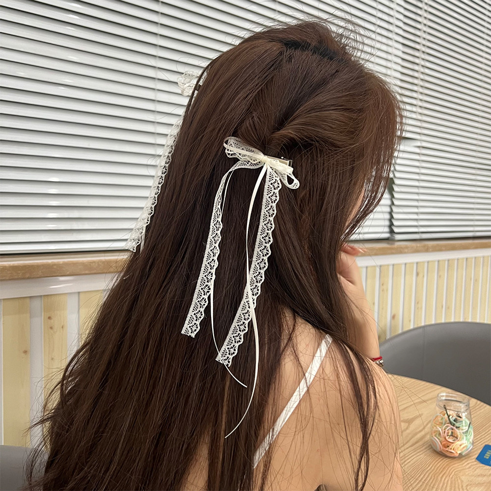 1 / 2 Cặp Đa Năng Ngọt Ngào Thời Trang Ren Kem Nơ Trắng Ruy Băng Kẹp Tóc - Tươi Dễ Thương Phong Cách Ba Lê Ruy Băng Dài Mỏ Vịt Barrettes