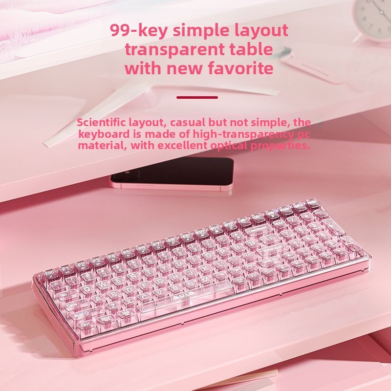 AULA AK208 High Transparency Wireless Keyboard Non Mechanical Keyboard with 99 Keys Transparent Mechanical Feel, Charging Female Office High Aesthetics