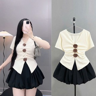 Áo bigsize nữ  kiểu tiểu thư tay ngắn đính hoa xinh phối chân váy có lót trong xòe cho nàng chuppy -A275+CV413