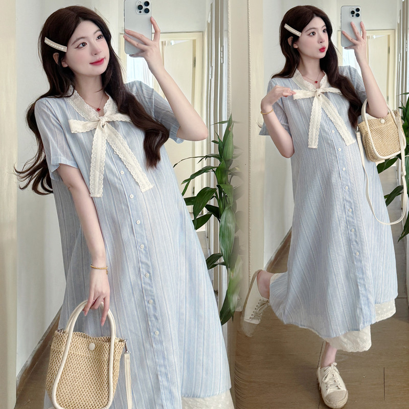 Trang phục bà bầu mùa hè Ren khâu nơ giả hai mảnh