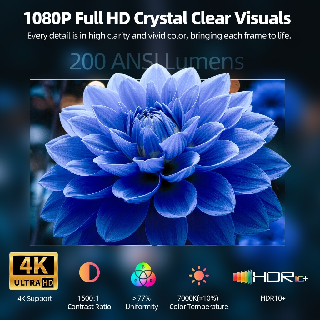 Máy chiếu Goojodoq 4K 1080P Full HD 200ANSI, Bluetooth 5.2 Tương thích rộng rãi với máy chiếu mini Netflix 120 inch | BigBuy360 - bigbuy360.vn