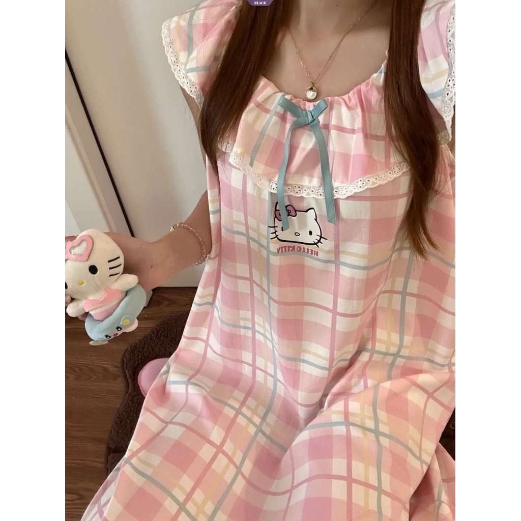Váy ngủ kẻ sọc Hello Kitty dễ thương nữ mùa hè mới không tay sling ren homewear [BL]
