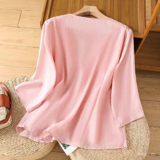 2025 Mùa hè mới Áo sơ mi thêu cổ tròn cotton lanh cho phụ nữ, dáng rộng thanh lịch