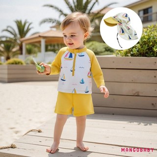 MG-Boys Rash Guard Bộ Đồ Bơi In Thuyền buồm Áo Dây Kéo Dài Tay Có Quần Short Chắc Chắn Và Mũ Bơi 3 Bộ Trang Phục