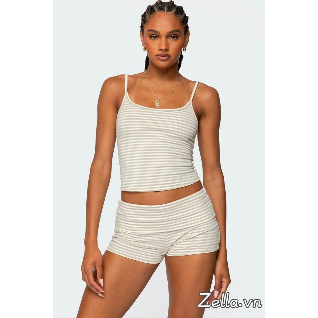 Bộ trang phục mùa hè 2 món dành cho nữ Áo hai dây Crop in sọc + Bộ quần short thắt lưng gấp