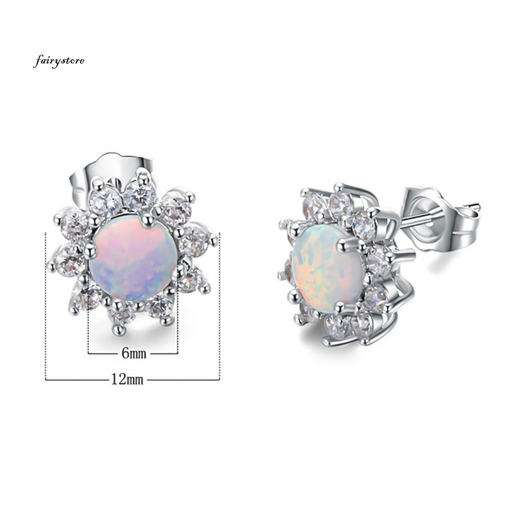 Fairystore| Sáng Bóng Tròn Giả Opal Vương Miện Hình Quyến Rũ Bông Tai Nữ Dự Tiệc Trang Sức Quà Tặng