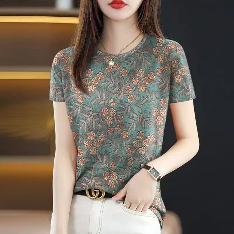 Mùa Hè Nữ Áo Thun Nữ Tay Ngắn Cổ Tròn Thời Trang Kích Thước Lớn Rời Bao Bụng Giảm Tuổi Phong Cách Phương Tây Cao Cấp Đáy Áo Sơ Mi