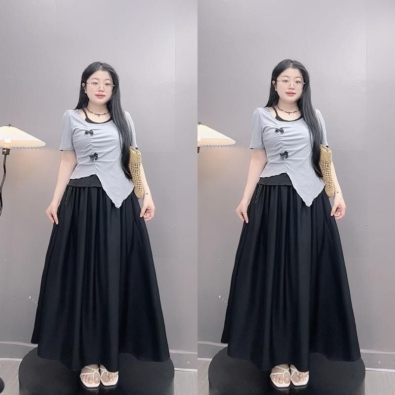 Set Áo Váy Bigsize Nữ (55-90Kg) Áo Thun Cổ Yếm Đính Nơ Mix Váy Dài Nàng Thơ -A278 + CV15