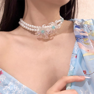 Vòng cổ hoa ngọc trai hai lớp màu xanh nhạt, vòng cổ thích hợp kiểu Pháp dành cho nữ