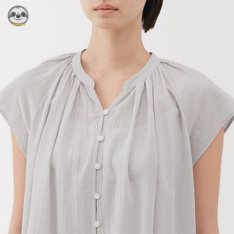 Phong cách Nhật Bản Phong cách Muji / Áo Cotton nữ xoắn chắc chắn kiểu Pháp / dáng rộng mỏng hơn trông văn học tay ngắn