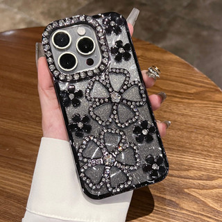 Ốp điện thoại hoa mận nhỏ viền kim cương lấp lánh sang trọng phù hợp cho 16 15 14 13 12 11 Pro Max chống sốc bảo vệ camera chống rơi mặt sau mềm