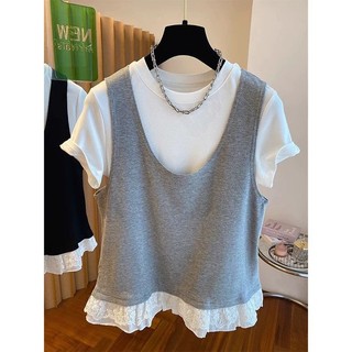 Size Lớn Top Nữ Áo Thun Cực Lớn + Áo Vest Top 100kg Ren Khâu Ngắn Tay Áo Thun Nữ Mùa Hè Giả Hai Mảnh Hàng Đầu Phiên Bản Hàn Quốc Lỏng Lẻo Quần Áo Nữ