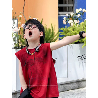 Áo vest mỏng cho bé trai, áo phông không tay in chữ cho trẻ em, áo đỏ thời trang