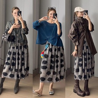 Fudou Nửa Váy Kết Cấu Xếp Ly - Váy Dài Thấp Co Dãn Hàng Ngày