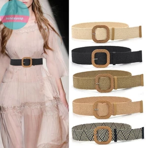 Sund Mùa Hè Nữ Co Giãn Dệt Thắt Lưng Vuông Khóa Vintage Boho Rơm Thắt Lưng Đầm VN