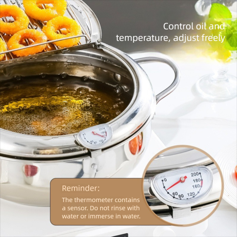 Nồi chiên sâu JiKK, có nắp nhiệt kế Tempura Fryer Pan, Thép không gỉ dày tiết kiệm dầu Nhật Bản Chảo chiên sâu Nhà bếp