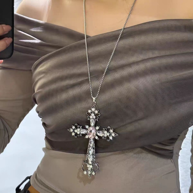 Vòng Cổ Mặt Dây Chuyền Chữ Thập Lớn - Dùng Cho Tiệc, Mặc Hàng Ngày - Punk, Gothic, Vintage - Vòng Cổ Choker Dài Kim Cương Giả Hồng - Quà Tặng Trang Sức Cho Cặp Đôi, BFF