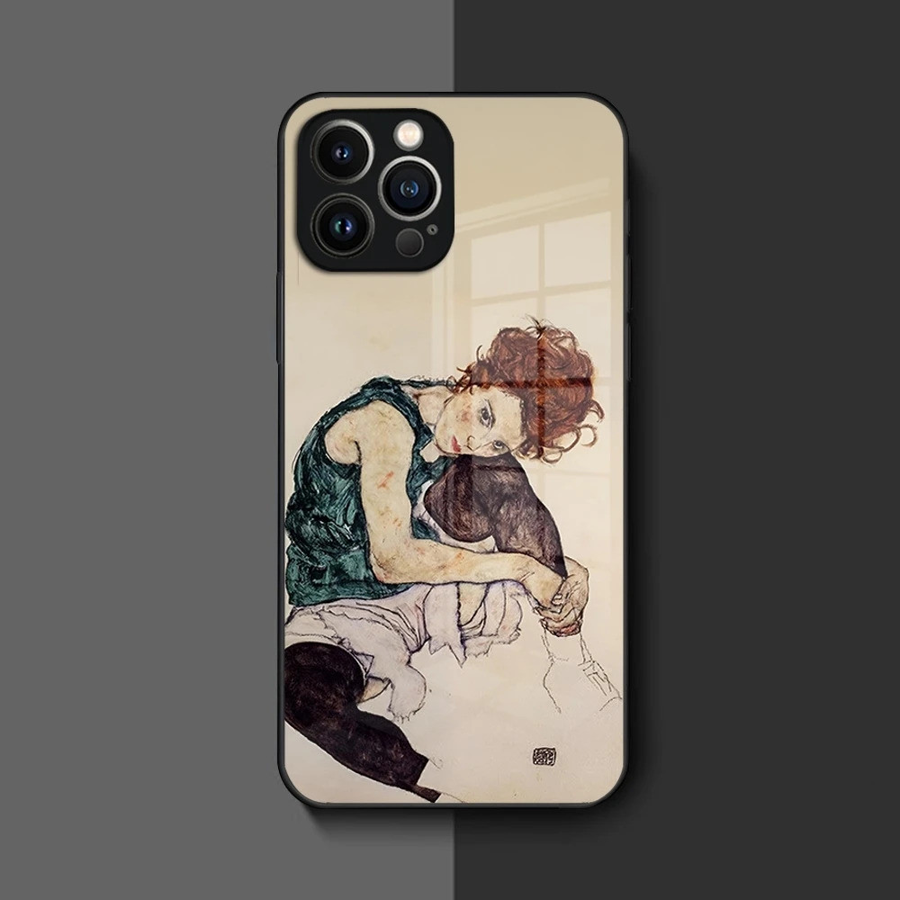 Ốp Điện Thoại BK-1 Egon Schiele Nghệ Thuật Cho Iphone 16 17.15 14 12 11 13 Pro Max Mini 8 X Xr Xs Puls Vỏ Kính Đen