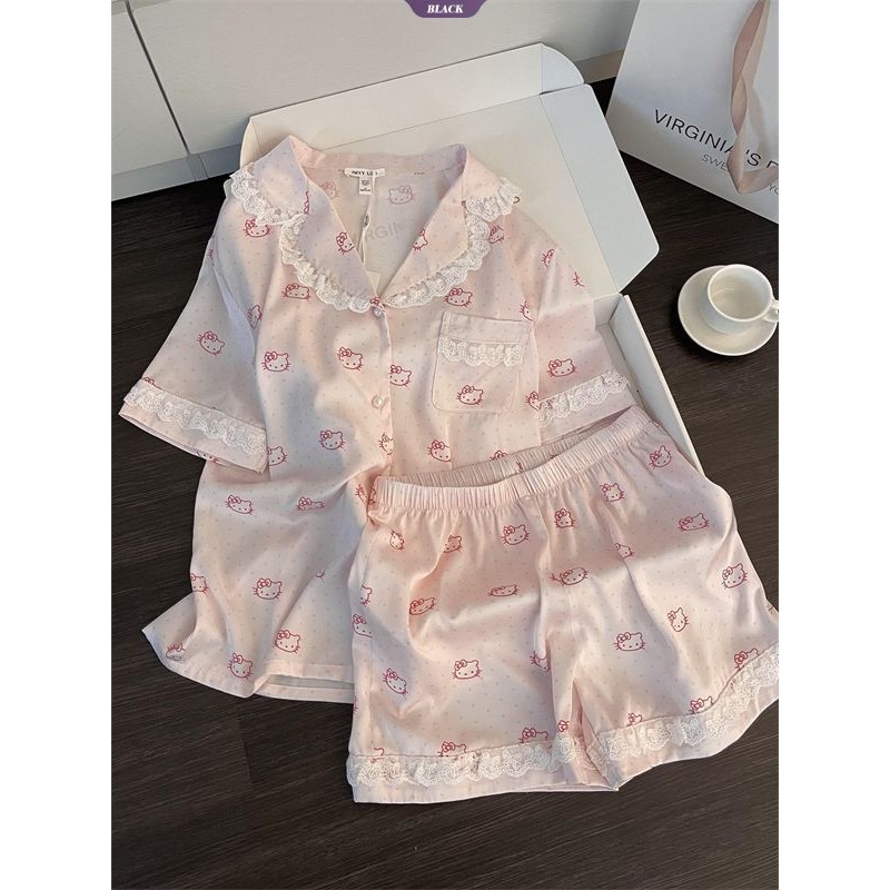 Sweet Lace Polka Dot Kitty Bộ Đồ Ngủ Nữ Mùa Hè Mới Quần Short Tay Ngắn Phần Mỏng Của Bộ Đồ Quần Áo Gia Đình [BL]