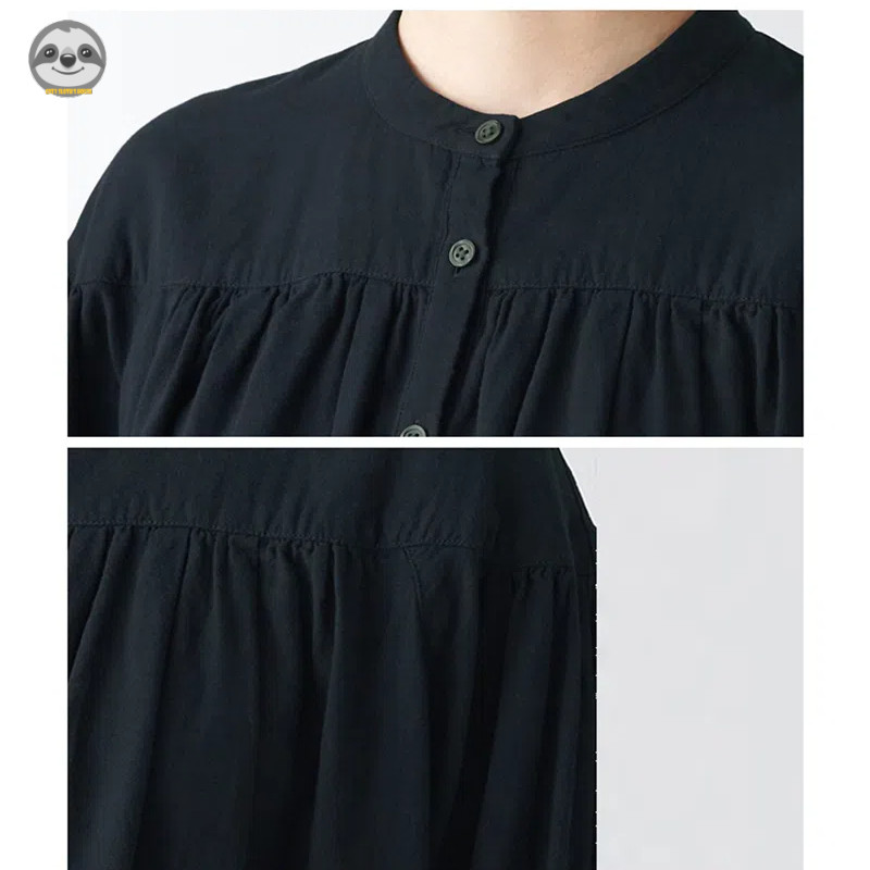 Phong cách Nhật Bản Muji Style / Áo kiểu dây rút dài tay bằng sợi hai lớp dành cho nữ / dáng rộng mỏng hơn trông ngắn hơn