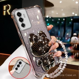 Ốp lưng cho VIVO v20 pro v21 v23 v23e 5g, mềm mại, trong suốt, bốn góc dày, ốp điện thoại silicone mạ, gương trang điểm thỏ có giá đỡ, ốp silicone XXXDA