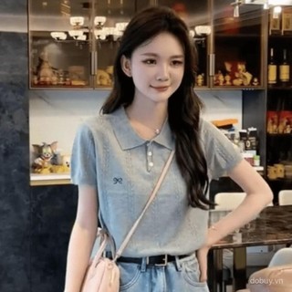 Áo thun ngắn tay thêu kiểu polo bằng lụa lạnh mùa hè cho phụ nữ