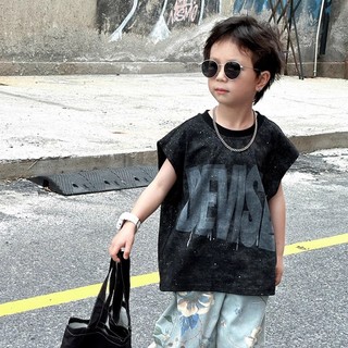 Mùa Hè Mỏng Phong Cách Bé Trai Áo Thun Không Tay Bé Trai In Chữ Áo Vest Top Trẻ Em Đính Kim Sa Lấp Lánh Áo Vest Thường Ngày