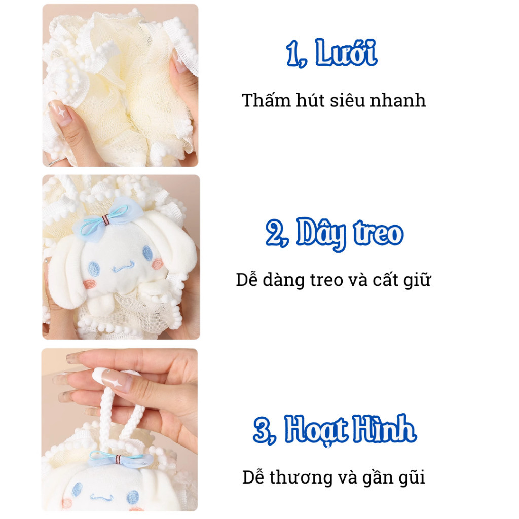 Bông Tắm Tạo Bọt Hình Thú Dễ Thương, Bông Tắm Sanrio Cao Cấp Làm Sạch Mềm Mại Kì Lưng Tẩy Da Chết