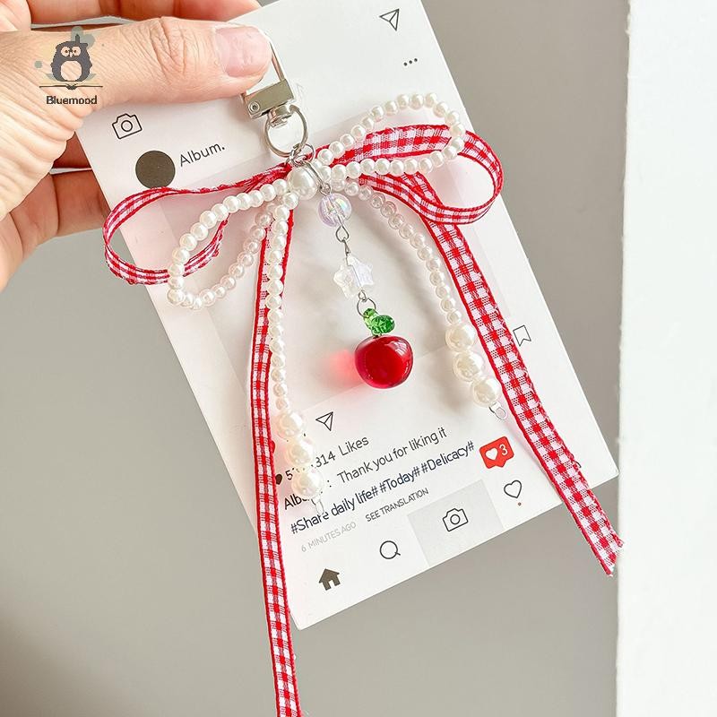 [Bluemood] Ngọt Kẻ Sọc Ruy Băng Móc Khóa Dâu Quyến Rũ Móc Khóa Nơ Ngọc Trai Mặt Dây Chuyền Điện Thoại Trang Sức Cho Bé Gái Nữ Túi Quà Trang Trí Mới