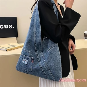 Túi Denim cổ điển dành cho nữ Ví đeo vai lớn có túi Túi Tote Jean thông thường dành cho du lịch, trường học, văn phòng ngoài trời