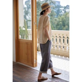 Vải Lanh Ice Silk Tay Ngắn Siêu Rời Hàng Ngày Đơn Giản Màu Cam Hồng Top Nữ Mùa Hè Phong Cách Mới Cổ Tròn Lười Áo Sơ Mi Cao Cấp