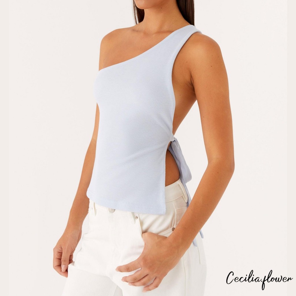 Phụ Nữ Một Vai Tắt Vai Gợi Cảm Mùa Hè Tank Top Màu Trơn Phong Cách Bên Dây Buộc Thường Ngày Tee