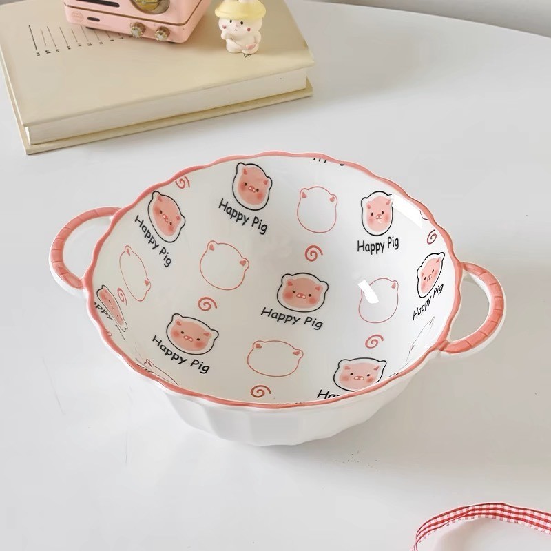 Bát sứ ăn cơm kèm thìa họa tiết Heo Hồng Cực Đáng yêu Cho Bé