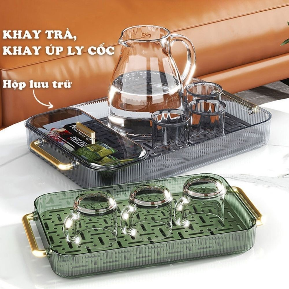 Khay trà, khay úp ly cốc trong suốt 2 lớp Dinohome kèm hộp lưu trữ đựng trà đa năng có tay cầm
