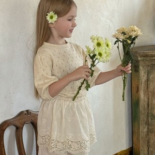 Áo thun ngắn tay cotton mùa hè cho bé gái, kiểu dáng Hàn Quốc, cổ tròn, đan len thời trang, tay phồng tươi mới