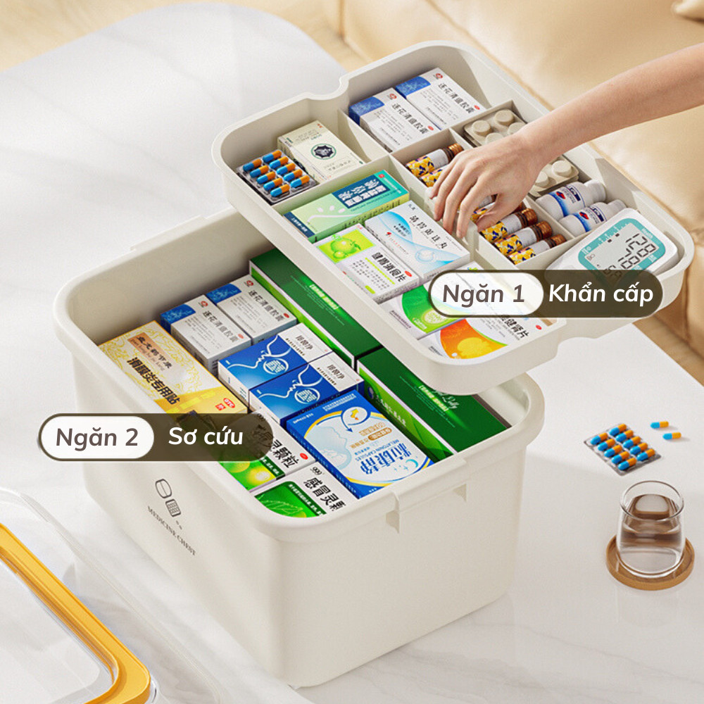 Hộp đựng thuốc sơ cứu hai lớp cỡ lớn có nắp bảo quản tay cầm tiện lợi, Hộp nhựa đựng đồ đa năng DINO