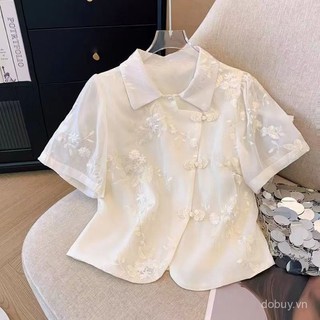 Áo blouse ngắn kiểu Trung Quốc mới 2025 cho phụ nữ, chất liệu lụa pha, thêu nút Mandarin, viền không đều