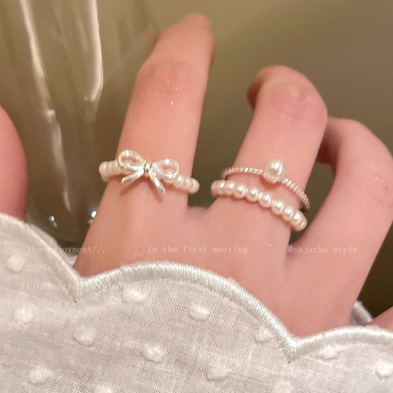 Nhẫn hạt ngọc trai nơ cho phụ nữ, phong cách Hàn Quốc, thiết kế độc đáo, nhẫn ngón trỏ, cảm giác sang trọng nhẹ nhàng, nhẫn cao cấp có thể xếp chồng lên nhau