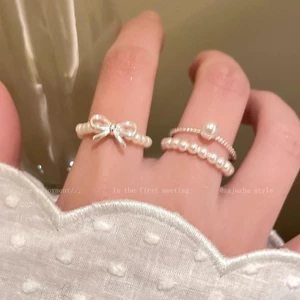 Nhẫn hạt ngọc trai nơ cho phụ nữ, phong cách Hàn Quốc, thiết kế độc đáo, nhẫn ngón trỏ, cảm giác sang trọng nhẹ nhàng, nhẫn cao cấp có thể xếp chồng lên nhau