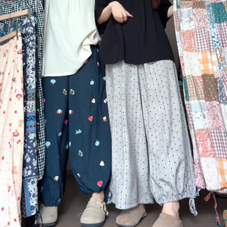 M-4XL Quần cỡ lớn Nữ [Dây rút viền cực lớn] Quần dài kẻ sọc Quần bó hoa Quần lụa Cotton mùa hè Quần dài đến mắt cá chân thời trang Quần thường ngày dáng rộng phong cách mỏng Quần áo nữ hơi béo